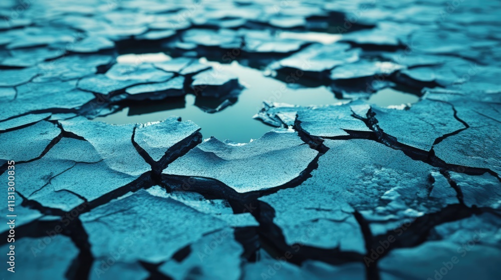 Poster dry cracked earth with small water pool symbolizing decreasing resources and environmental challenge