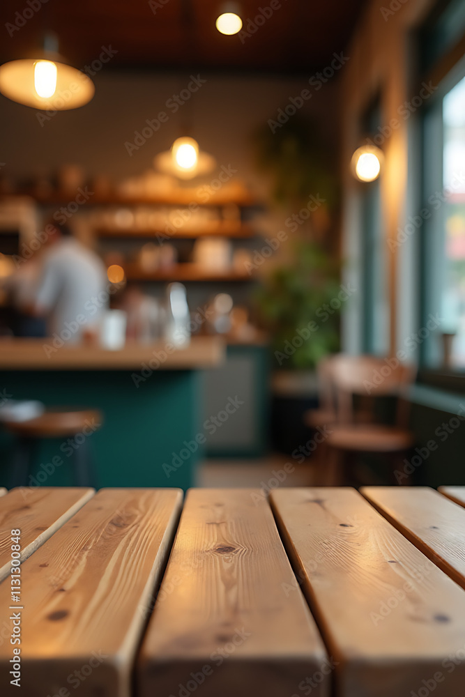 Poster a wooden table top is placed in a blurred background of a cafe shop with a visible light bulb overhe