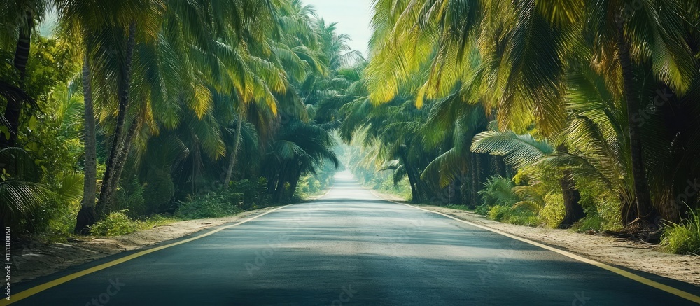 Poster scenic view of a serene road lined with lush coconut trees creating a tropical paradise atmosphere i