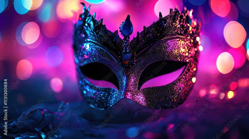 Poster colorful fantasy mask with shimmering details against a vibrant bokeh backdrop creating an enchantin