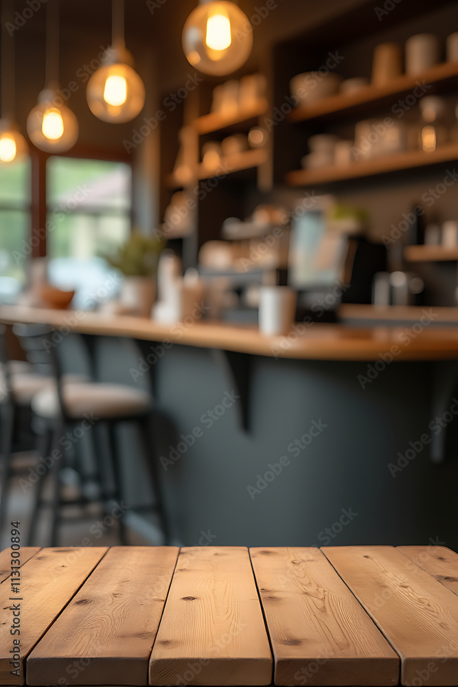 Poster a wooden table top is placed in a blurred background of a cafe shop with a visible light bulb overhe