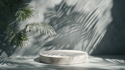 Obraz premium Minimalist empty podium with tropical palm leaf shadows on gray wall for cosmetic product display and design presentation background