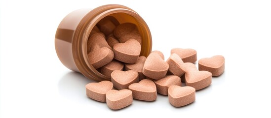 Heart shaped tablets spilling from a brown container on a white background symbolizing love and health supplements