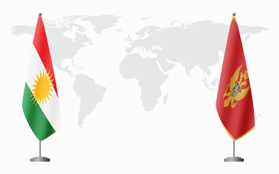 Kurdistan and Montenegro flags for official meeting against background of world map.