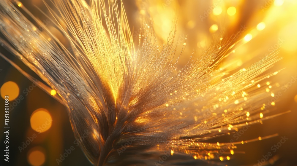 Poster close up of illuminated wheat ear showcasing fine details and golden hues against a softly blurred b