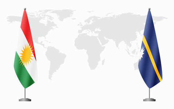 Kurdistan and Nauru flags for official meeting against background of world map.