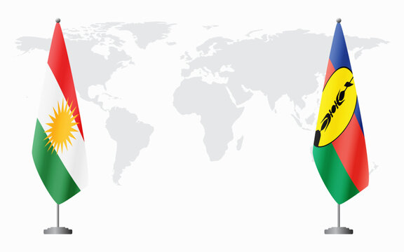 Kurdistan and New Caledonia flags for official meeting against background of world map.