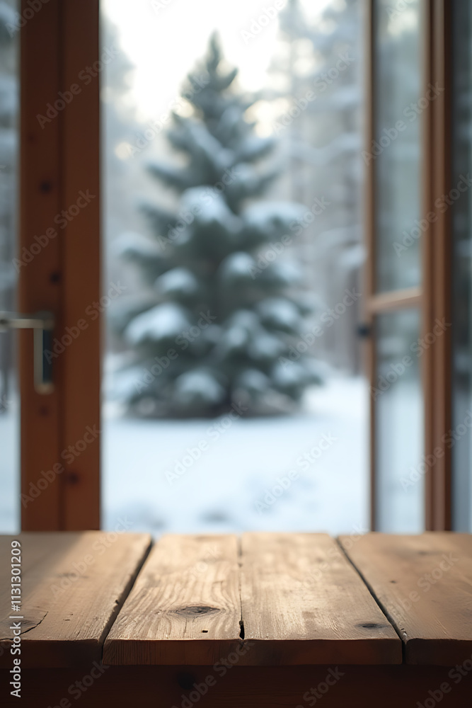 Poster a wooden table sits empty near a blurred window view, with a pine tree standing tall in a snowy wint