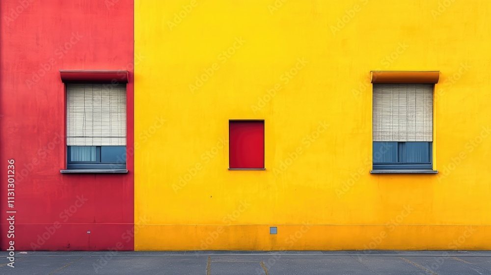 Poster colorful office building facade with distinct red and yellow walls featuring unique window arrangeme