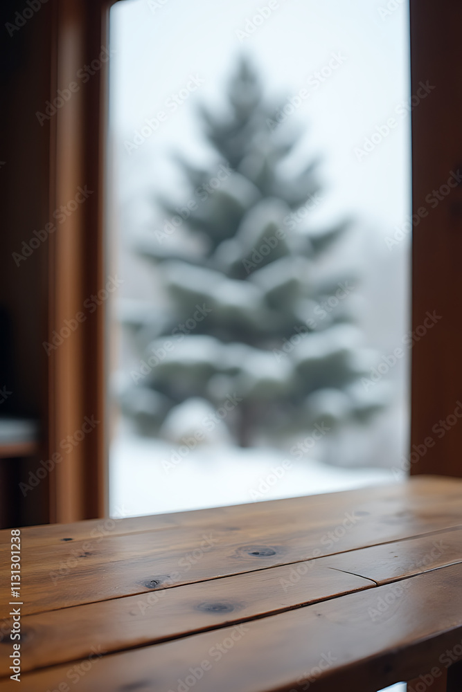Poster a wooden table sits empty near a blurred window view, with a pine tree standing tall in a snowy wint