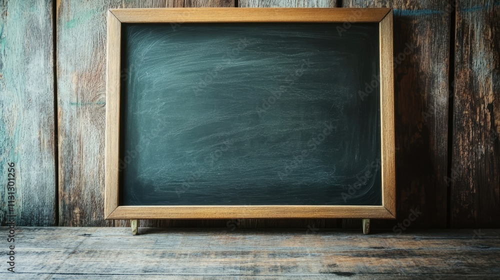 Poster chalkboard on rustic wooden background symbolizing traditional education and e-learning concept inte