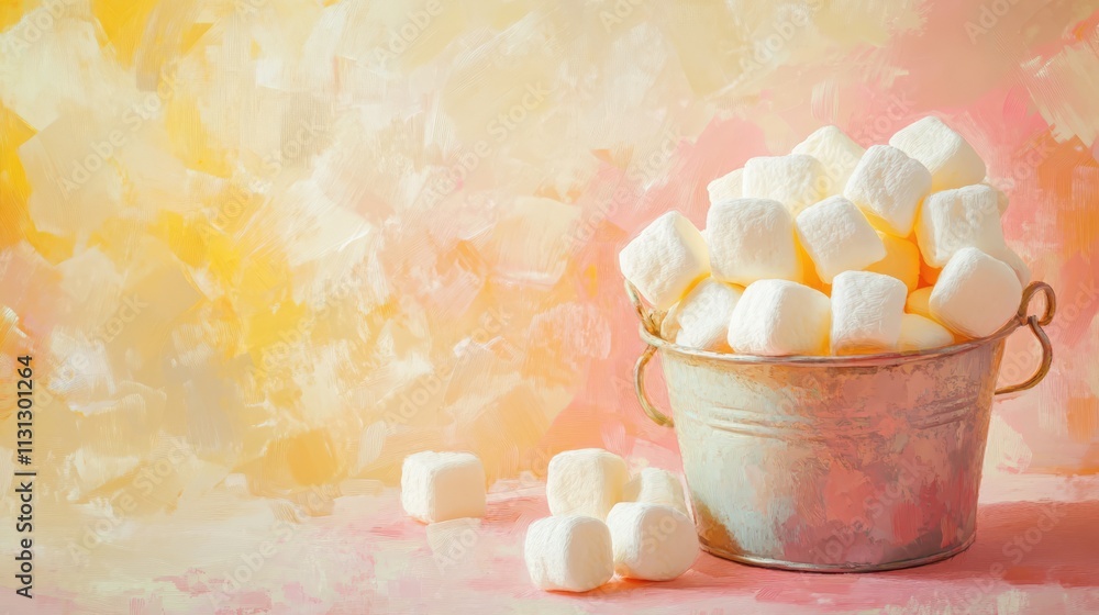 Poster chewy marshmallows in a pastel-colored bucket with a soft blurred background ideal for dessert and s