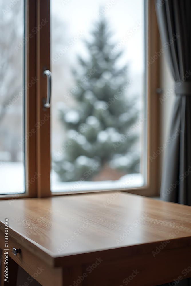 Poster a wooden table sits empty near a blurred window view, with a pine tree standing tall in a snowy wint