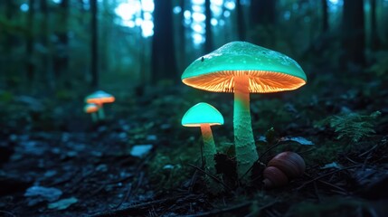 Fototapeta premium Bioluminescent mushrooms and snails illuminated by enchanting forest light creating a mystical woodland atmosphere at dusk