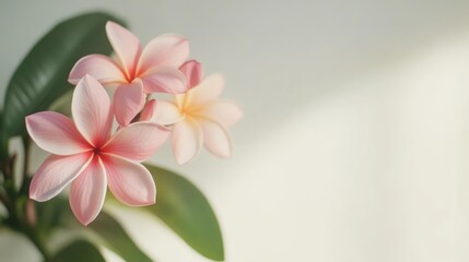 Obraz premium Frangipani Plumeria flower arrangement with soft pastel colors on a light background showcasing floral beauty and tranquility