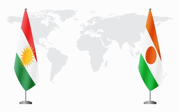 Kurdistan and Niger flags for official meeting against background of world map.