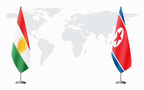 Kurdistan and North Korea flags for official meeting against background of world map.