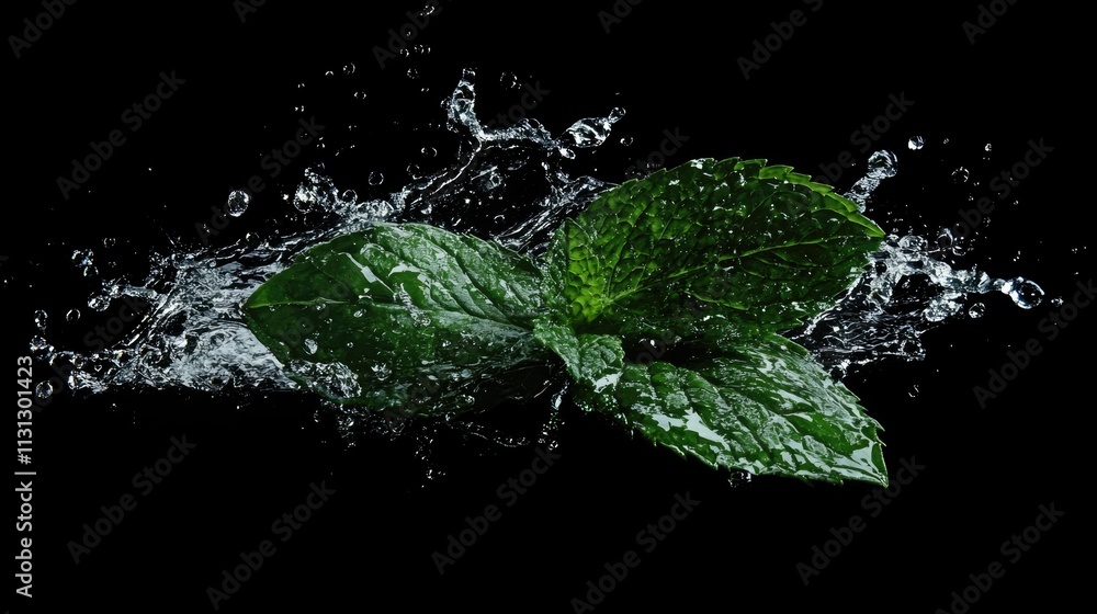 Poster Mint leaves created a dynamic splash in water against a black background highlighting freshness and vibrancy in culinary or beverage contexts.