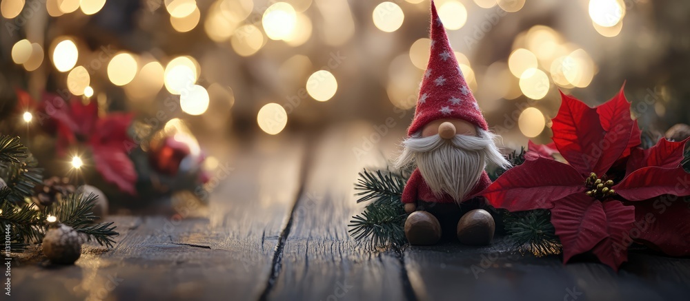 Poster charming gnome surrounded by festive decorations and bokeh lights creating a warm christmas atmosphe