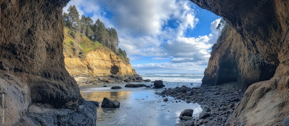 Poster scenic coastal inlet framed by rugged cliffs under a dramatic sky with soft clouds and tranquil wate