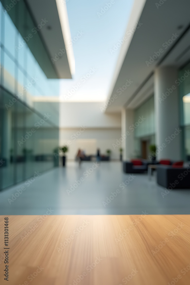 Poster A wooden table sits atop a blurred office building in the background of a large empty hall._00003_