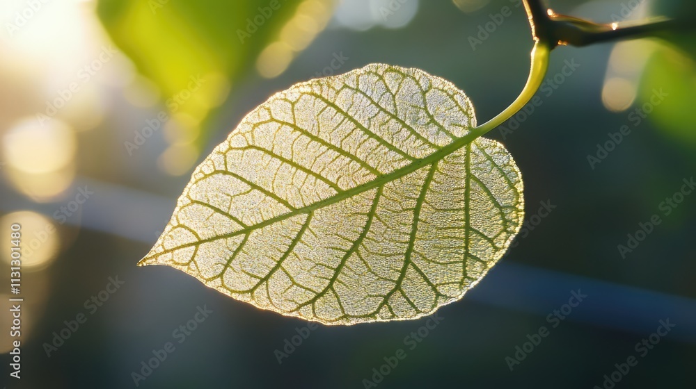 Poster delicate transparent leaf illuminated by sunlight showcasing intricate veins against a softly blurre