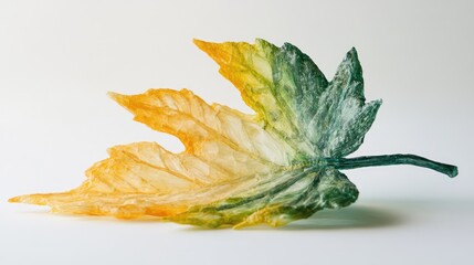 Fototapeta premium Autumn colored leaf with a gradient effect showcasing vibrant orange and green hues against a neutral background.