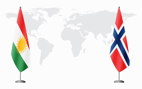 Kurdistan and Norway flags for official meeting against background of world map.