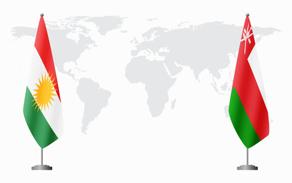 Kurdistan and Oman flags for official meeting against background of world map.