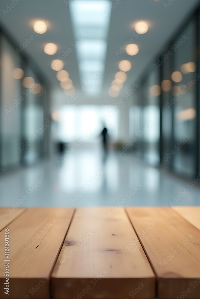 Poster A wooden table sits atop a blurred office building in the background of a large empty hall._00001_