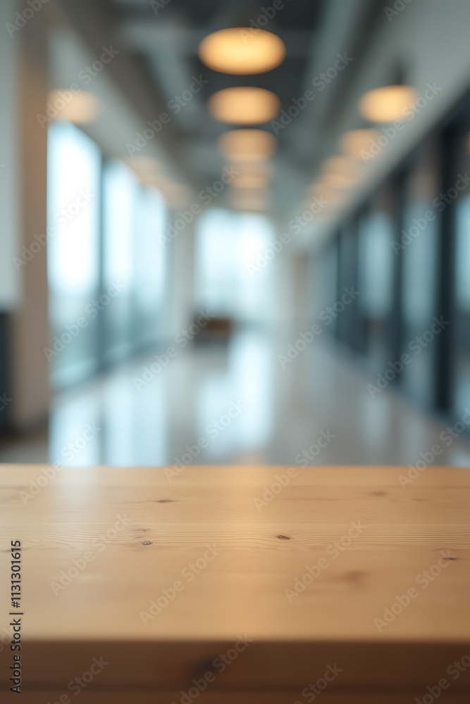 Poster A wooden table sits atop a blurred office building in the background of a large empty hall._00002_
