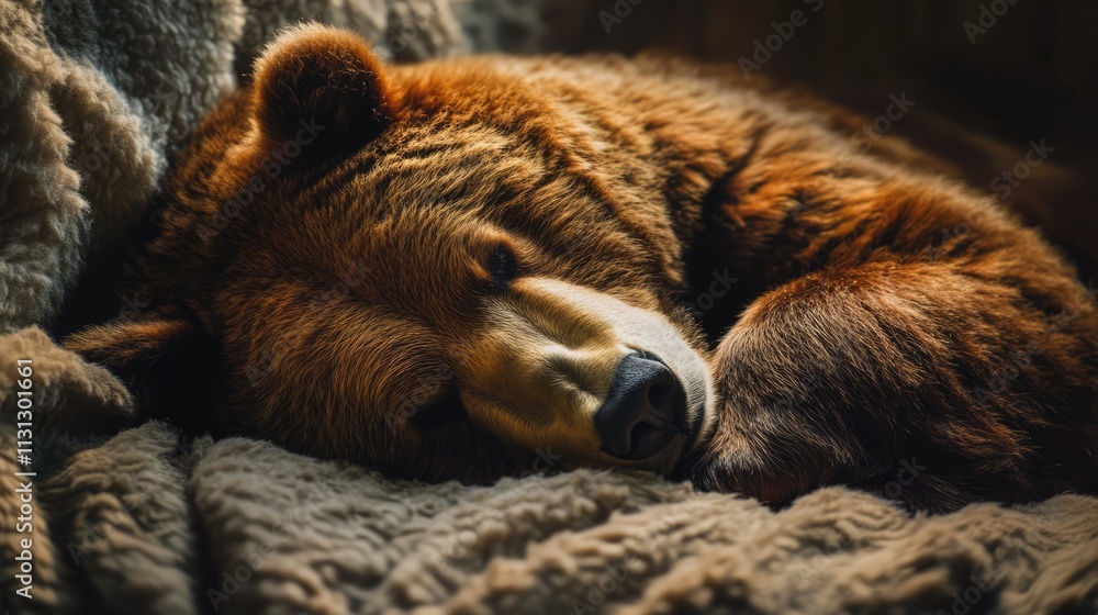 Poster sleepy brown bear comfortably resting on soft blanket in serene indoor setting showcasing tranquilit