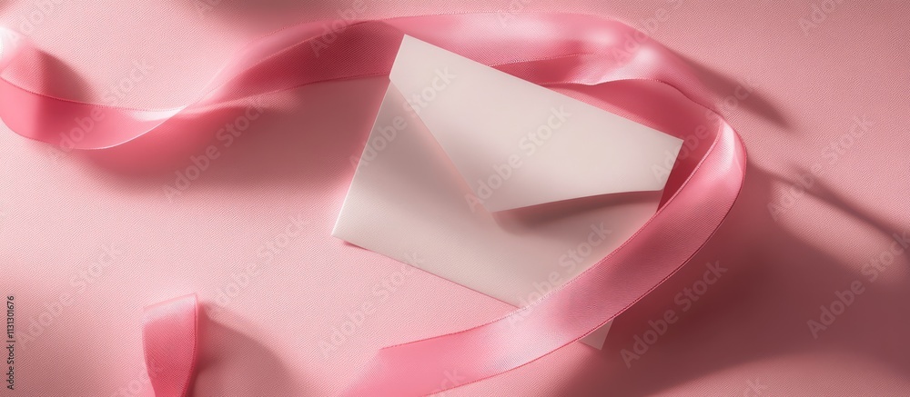 Poster elegant mockup of a pink ribbon and envelope against a soft pink background showcasing shadows and a