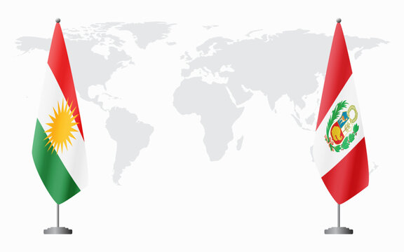 Kurdistan and Peru flags for official meeting against background of world map.
