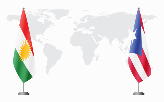 Kurdistan and Puerto Rico flags for official meeting against background of world map.