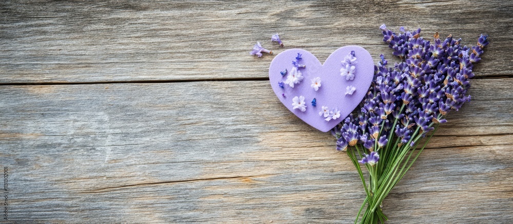 Poster lavender flowers with heart shape card on rustic wooden background for message or greeting card desi
