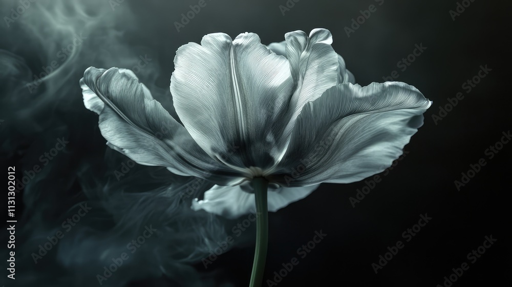 Poster Abstract monochrome tulip flower with soft blurred background and ethereal smoke effect creating a serene and artistic atmosphere.