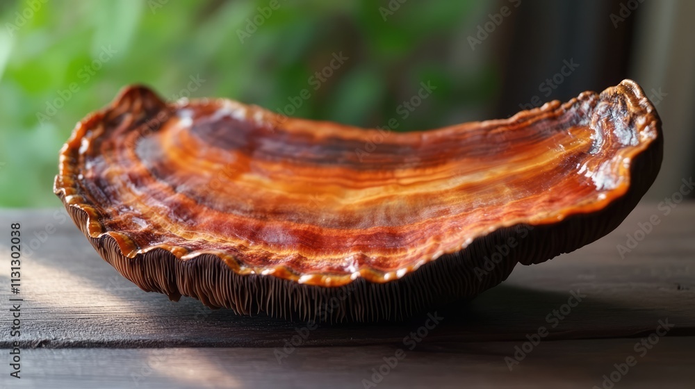 Poster shiny ganoderma mushroom slice showcasing vibrant hues with natural textures on a wooden surface in 