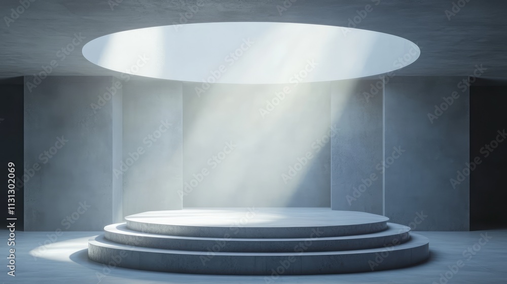 Poster modern minimalist stage illuminated by soft light rays in an empty auditorium, perfect for performan