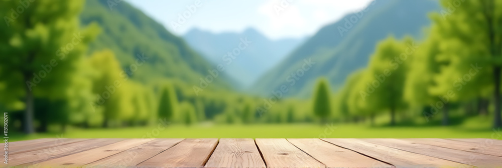 Poster A wooden table sits atop a blurred background of trees and mountains in a serene summer nature scene with lush greenery._00004_