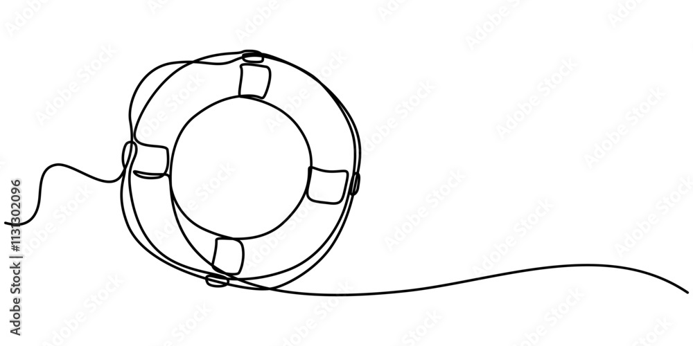 Poster Life Ring, Buoy Continuous Line Drawing with Editable Stroke and Color Elements, Single continuous line drawing lifebuoys, rescue belts, inflatable rubber ring with rope for help and safety of life. 