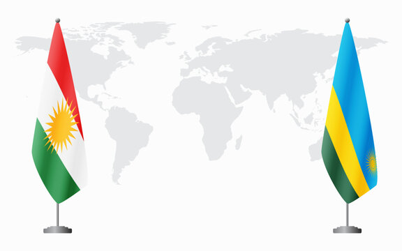 Kurdistan and Rwanda flags for official meeting against background of world map.