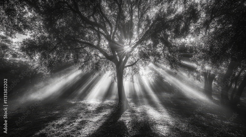Poster light streaming through trees creates dramatic shadows in a serene black and white forest landscape.