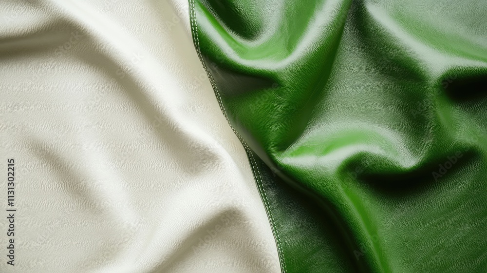 Poster textured green and white leather fabric draping over each other creating a stylish and modern backgr