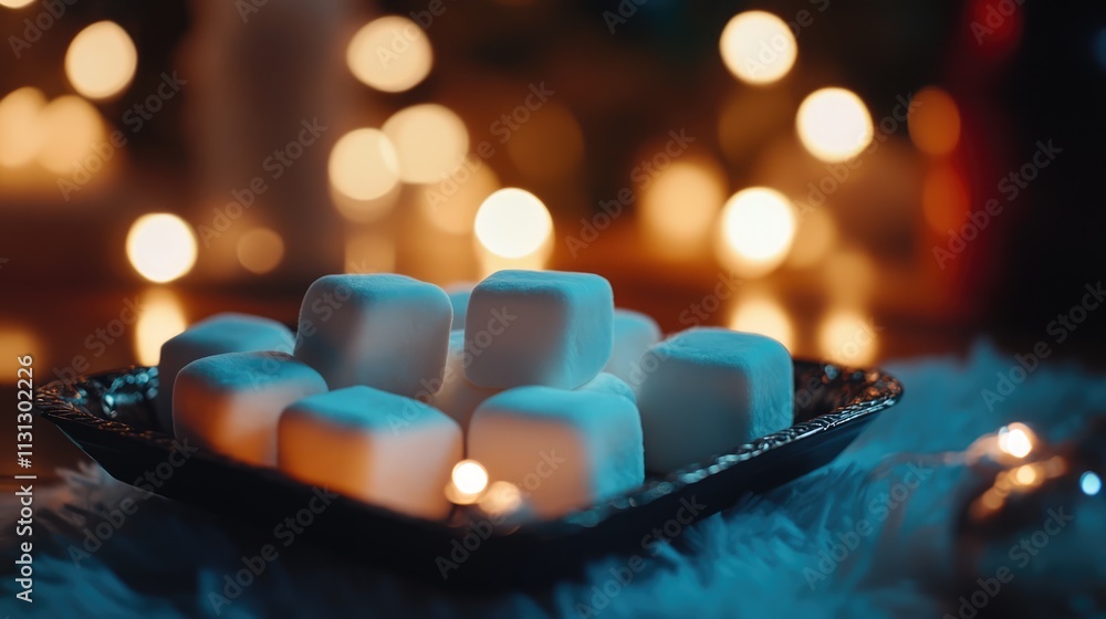 Aufkleber Marshmallows arranged on a decorative tray with soft ambient lighting creating a cozy and inviting atmosphere for holiday gatherings