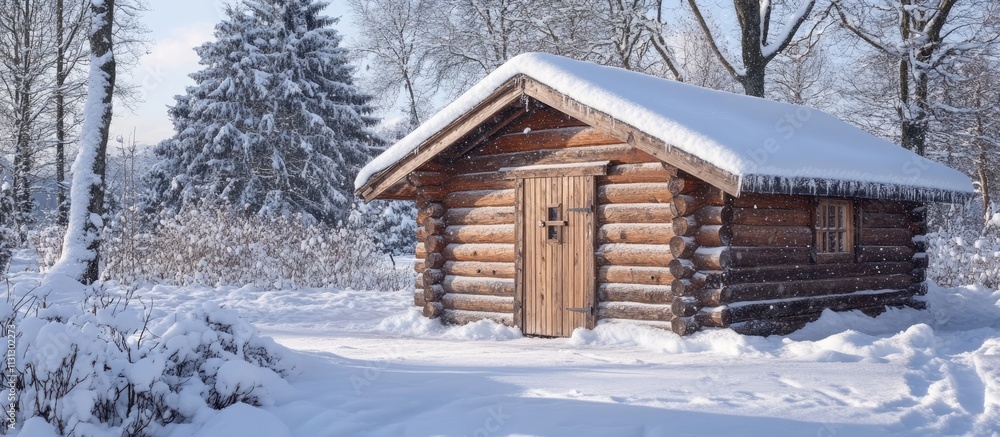 Poster snow-covered log cabin surrounded by winter landscape with trees in the background creating a serene