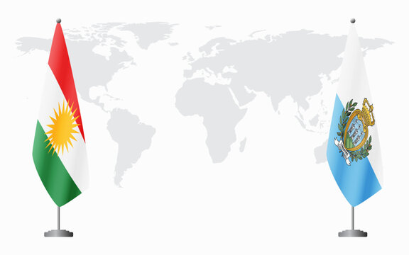 Kurdistan and San Marino flags for official meeting against background of world map.