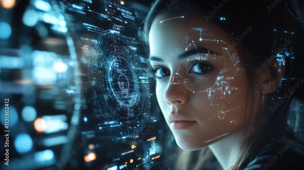 Poster digital transformation and global communication network concept with futuristic interface and young 