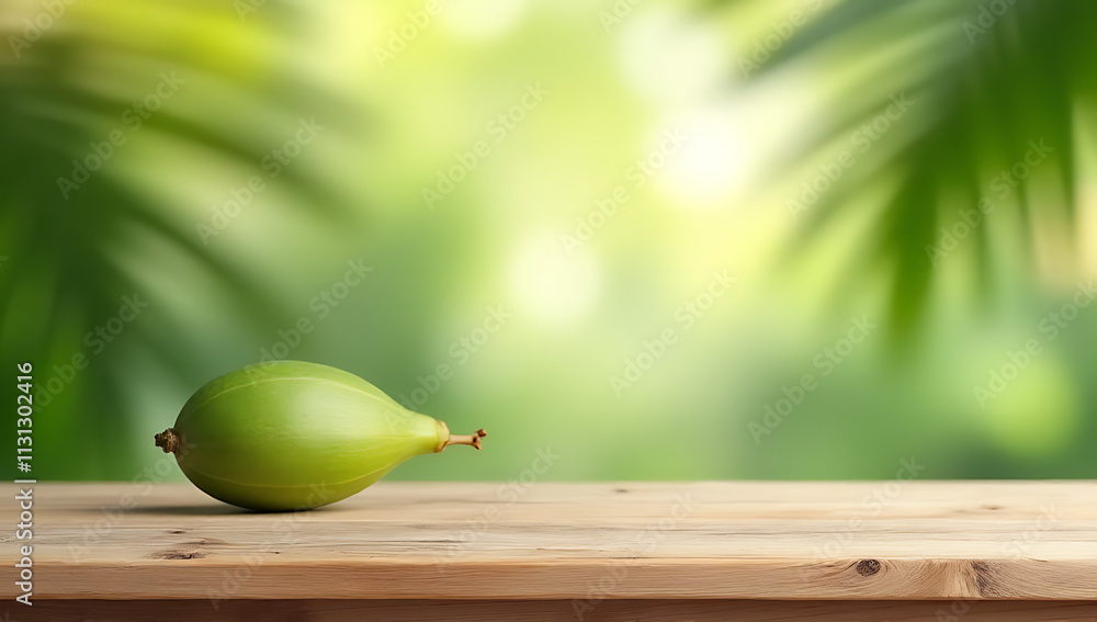 Poster A wooden table and counter are placed in front of a blurred coconut leaf background to showcase summer and natural products._00002_