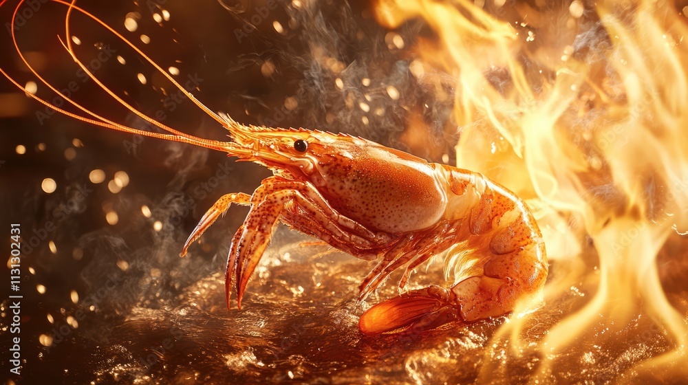 Poster grilled prawn captured in fiery flames with stunning detail and vibrant colors in a culinary setting